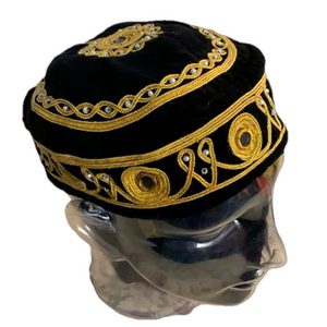 Black Velvet Hat with Gold Mirrors & Beads Decor